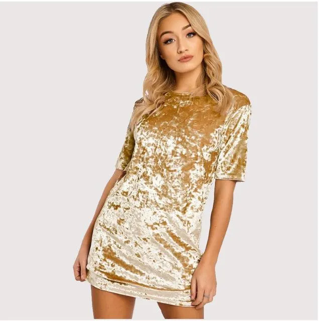 2017 Spring Summer Pink Gold Velvet Dress Women Short Sleeve Casual Mini Bodycon Dress Solid Color Soft Sexy Ladies Dresses