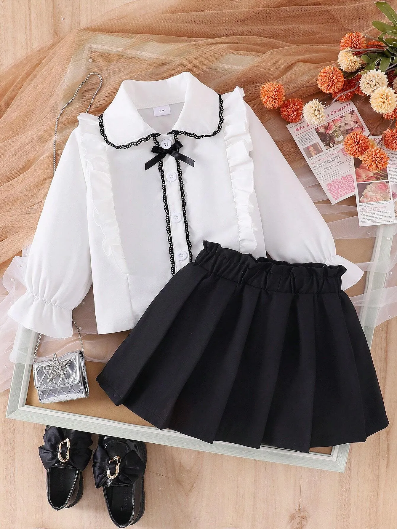 2pcs Girls Preppy Style Peter Pan Collar Ruffle Long Sleeve Blouse And Pleated Skirt Set, Spring Autumn