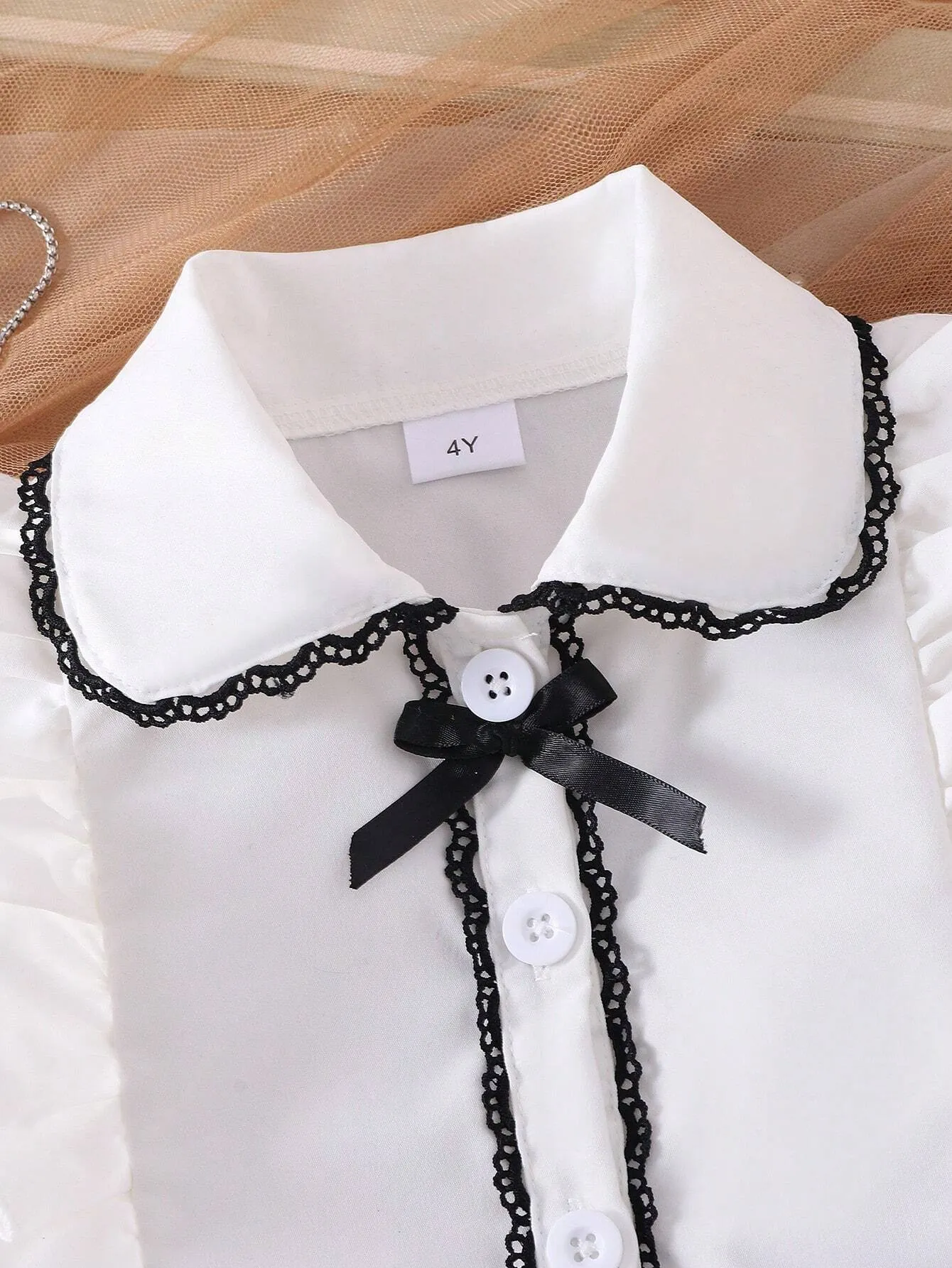 2pcs Girls Preppy Style Peter Pan Collar Ruffle Long Sleeve Blouse And Pleated Skirt Set, Spring Autumn