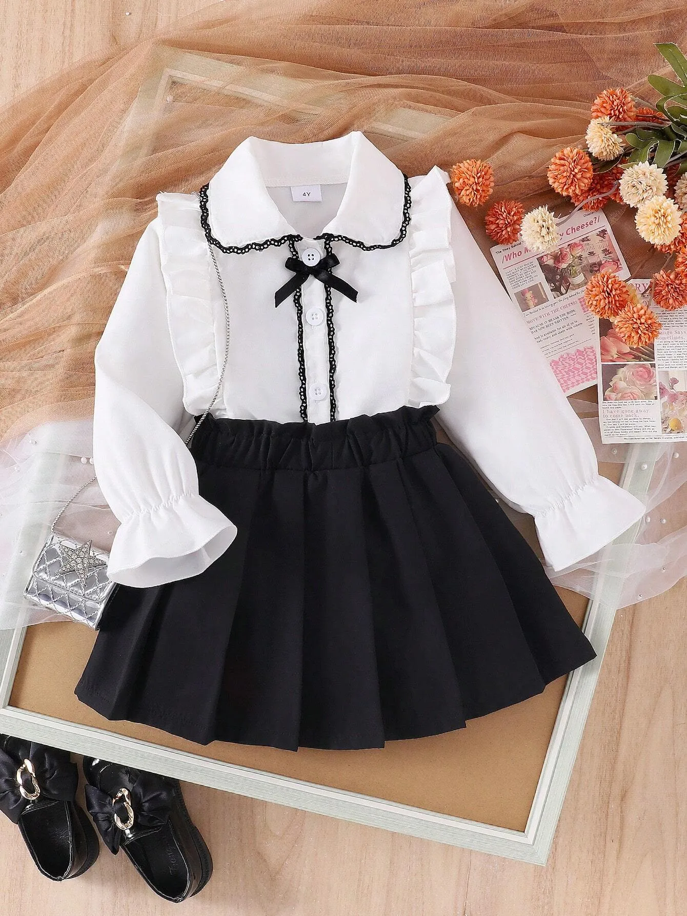 2pcs Girls Preppy Style Peter Pan Collar Ruffle Long Sleeve Blouse And Pleated Skirt Set, Spring Autumn