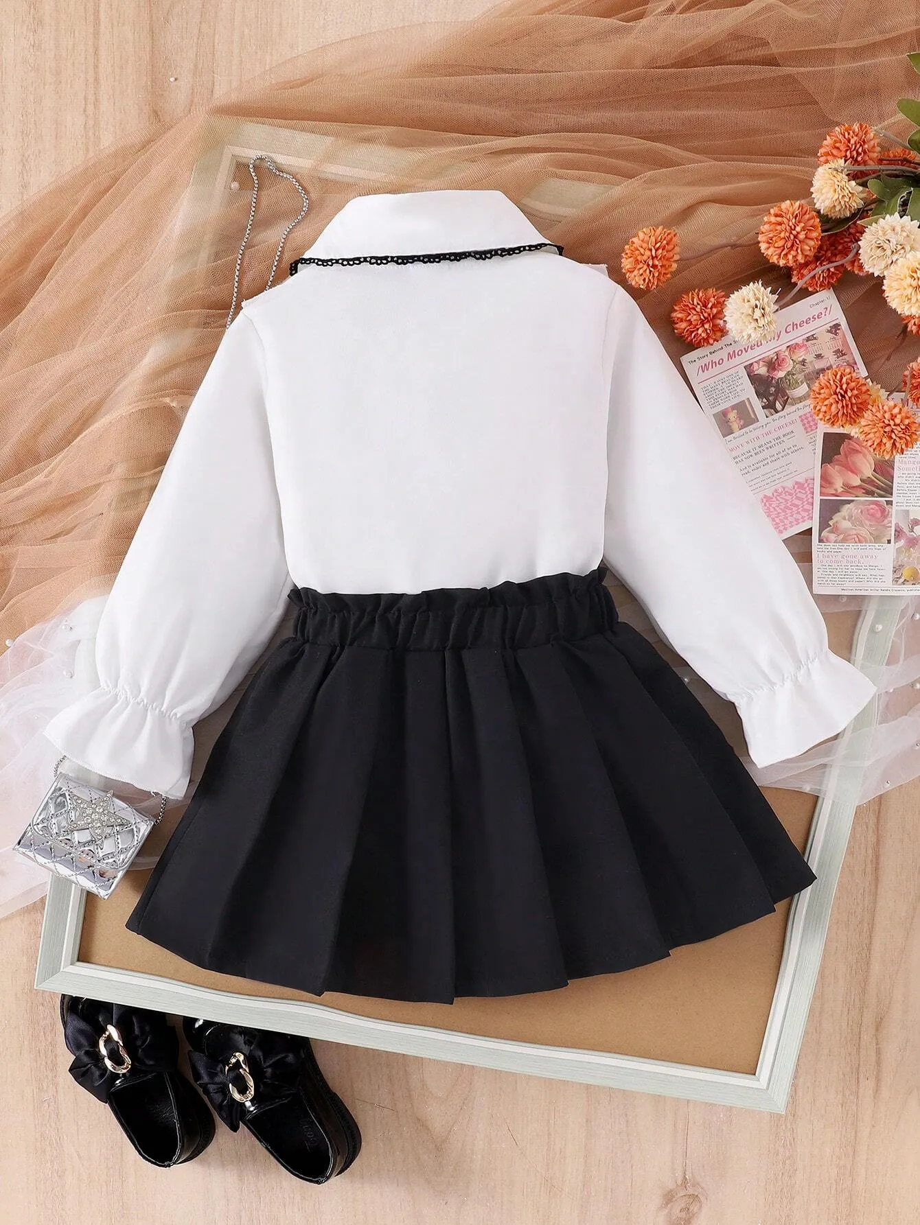 2pcs Girls Preppy Style Peter Pan Collar Ruffle Long Sleeve Blouse And Pleated Skirt Set, Spring Autumn