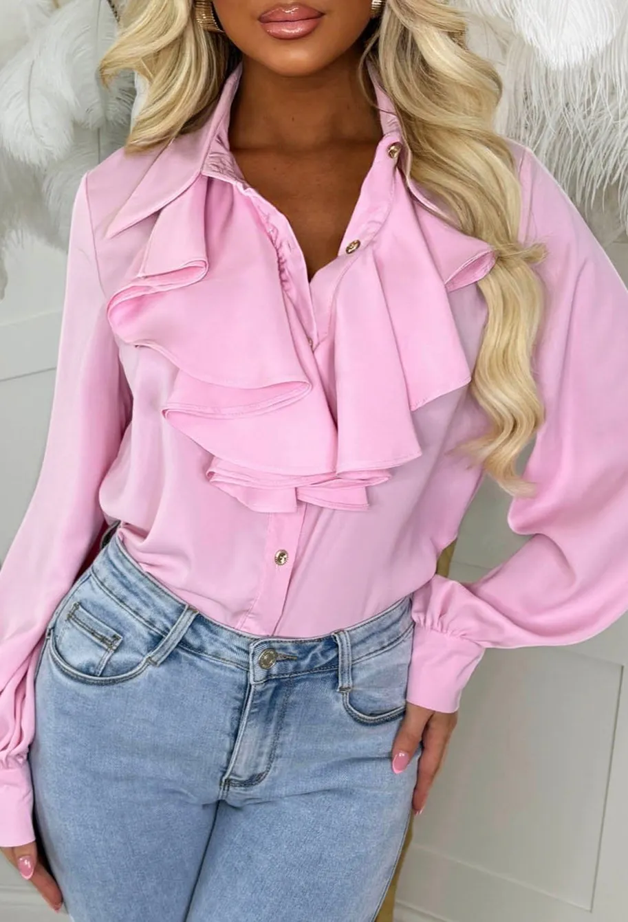 A New Direction Baby Pink Ruffled Trim Flounce Sleeve Shirt