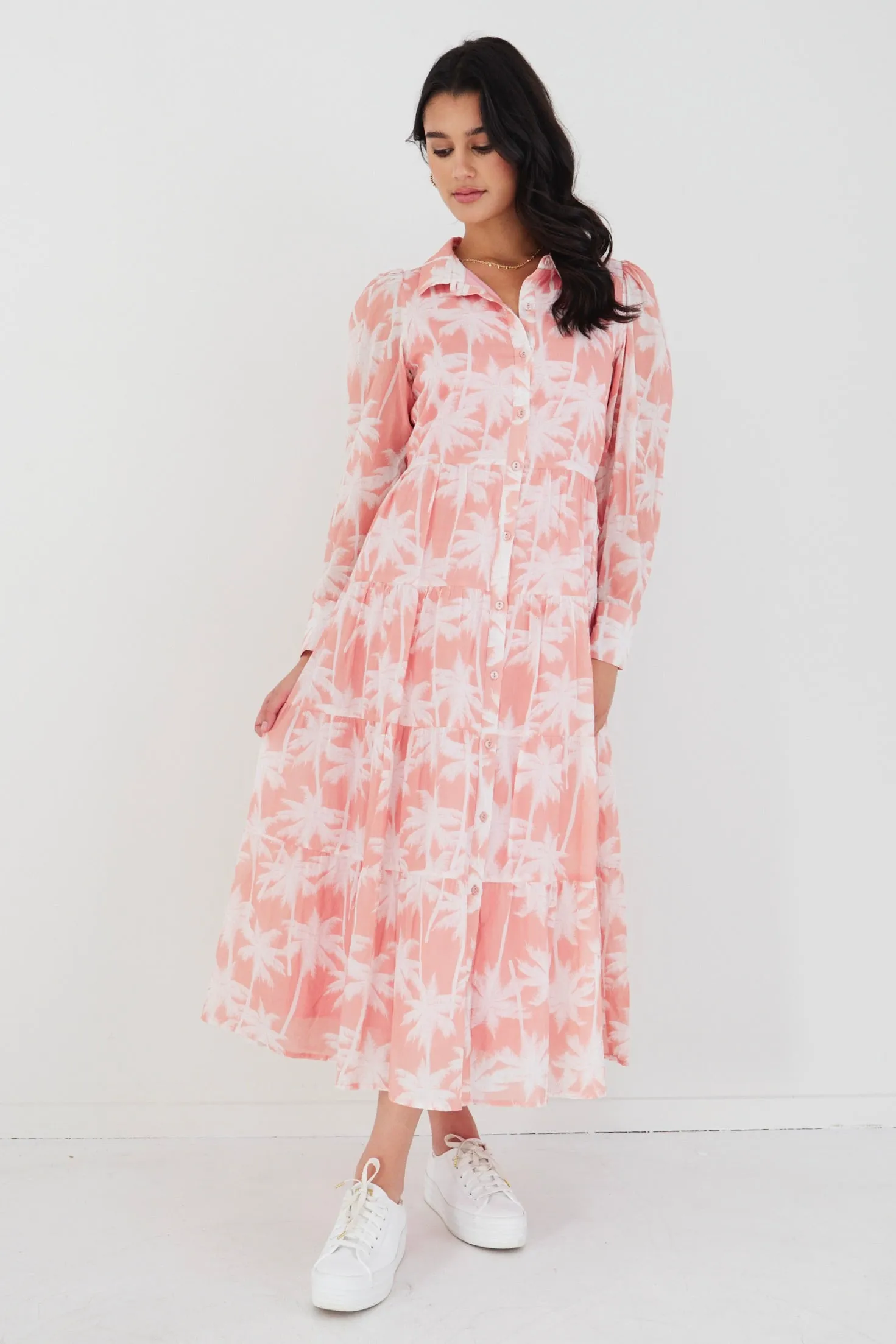 Adair Blush Palms Tiered Shirt Style Maxi Dress