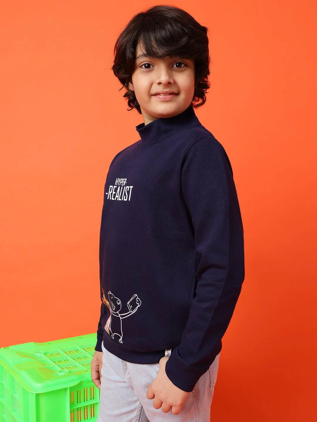 Boys Navy Blue Poly Cotton Printed Sweatshirt