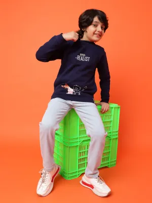 Boys Navy Blue Poly Cotton Printed Sweatshirt