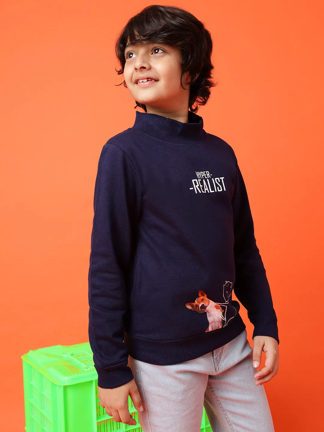 Boys Navy Blue Poly Cotton Printed Sweatshirt