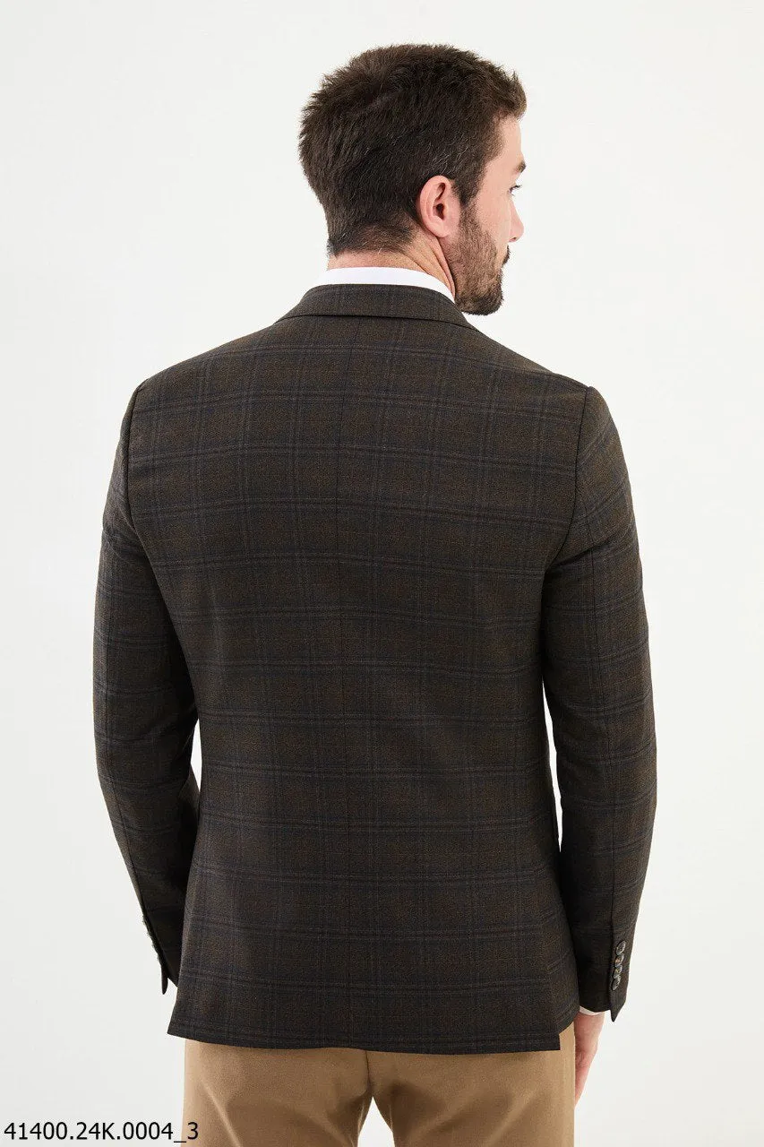 Brabion Dante Brown Slim Fit Notch Lapel Plaid Wool Blazer