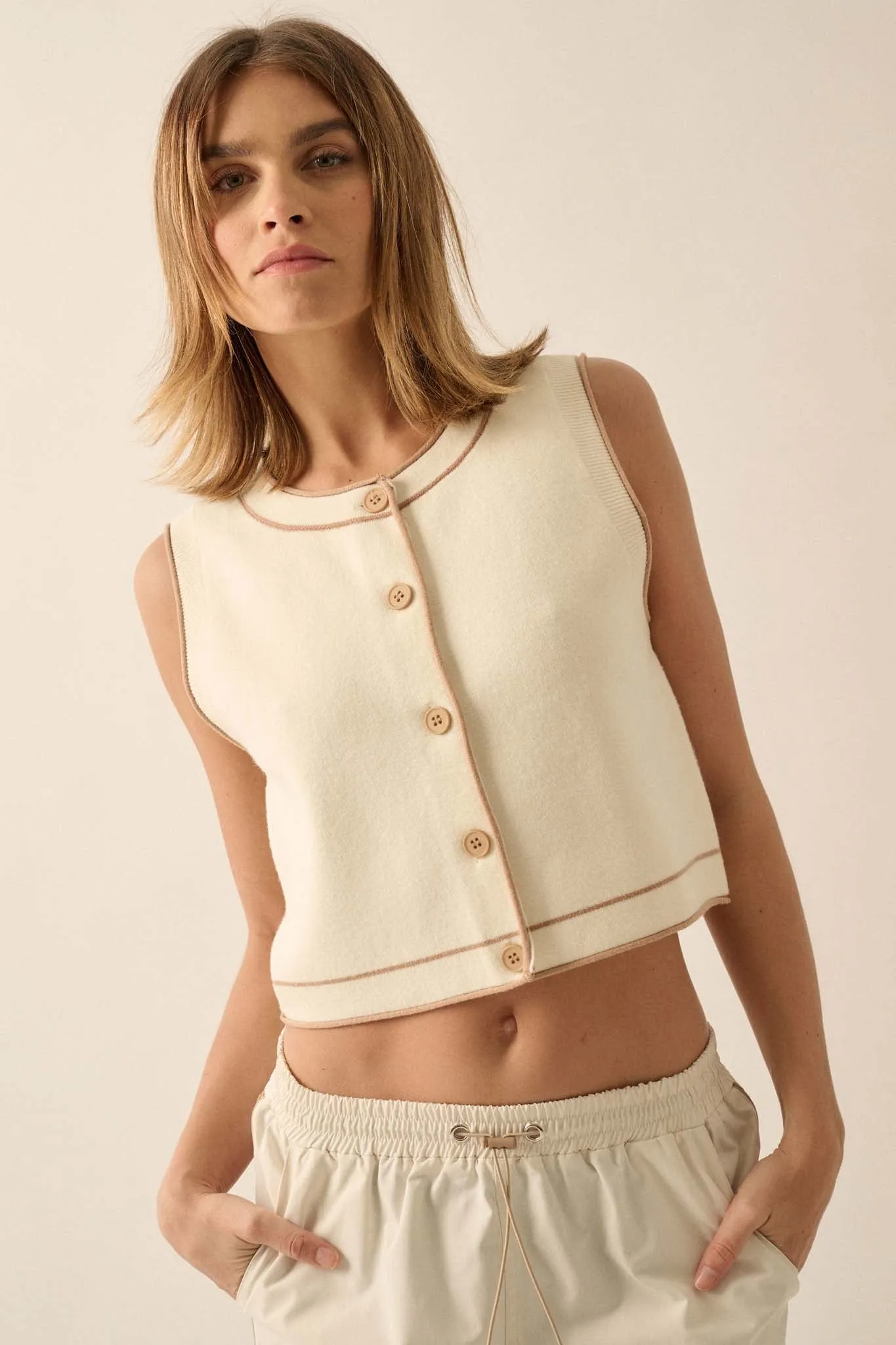 Break Out Sleeveless Button-Up Cropped Sweater