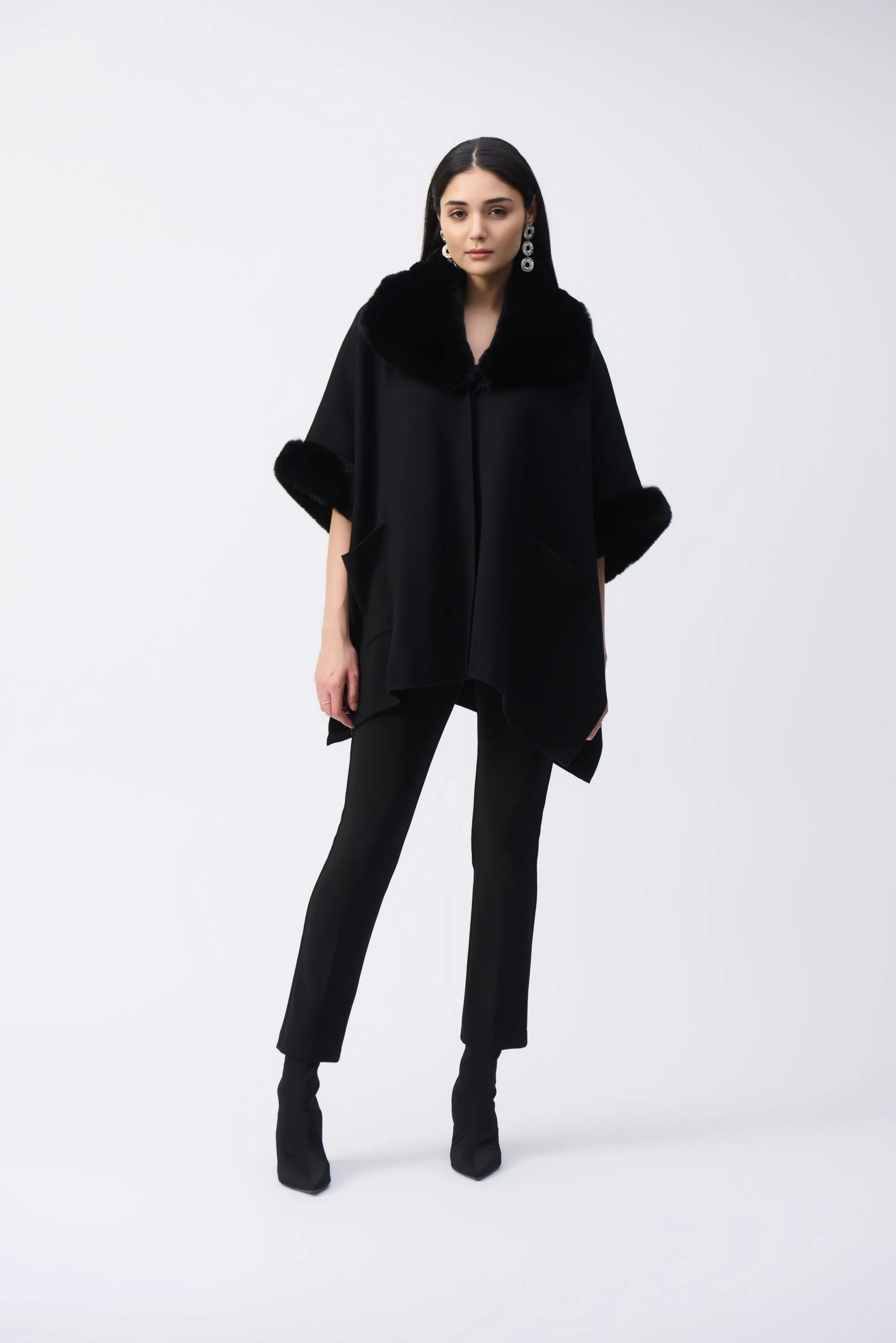 Brushed Jacquard and Faux Fur Cape