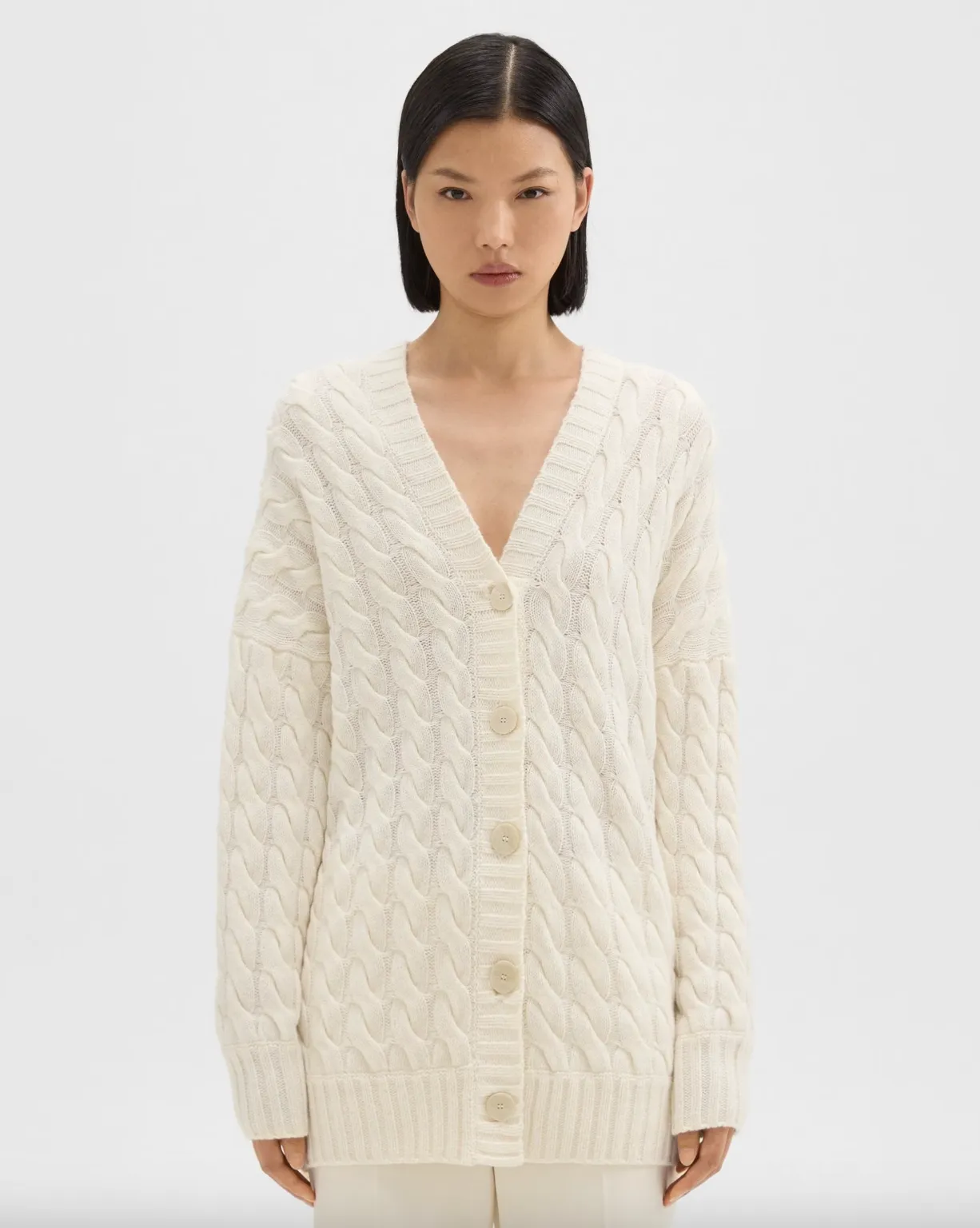 Cable Knit Cardigan in Felted Wool-Cashmere - Ivory