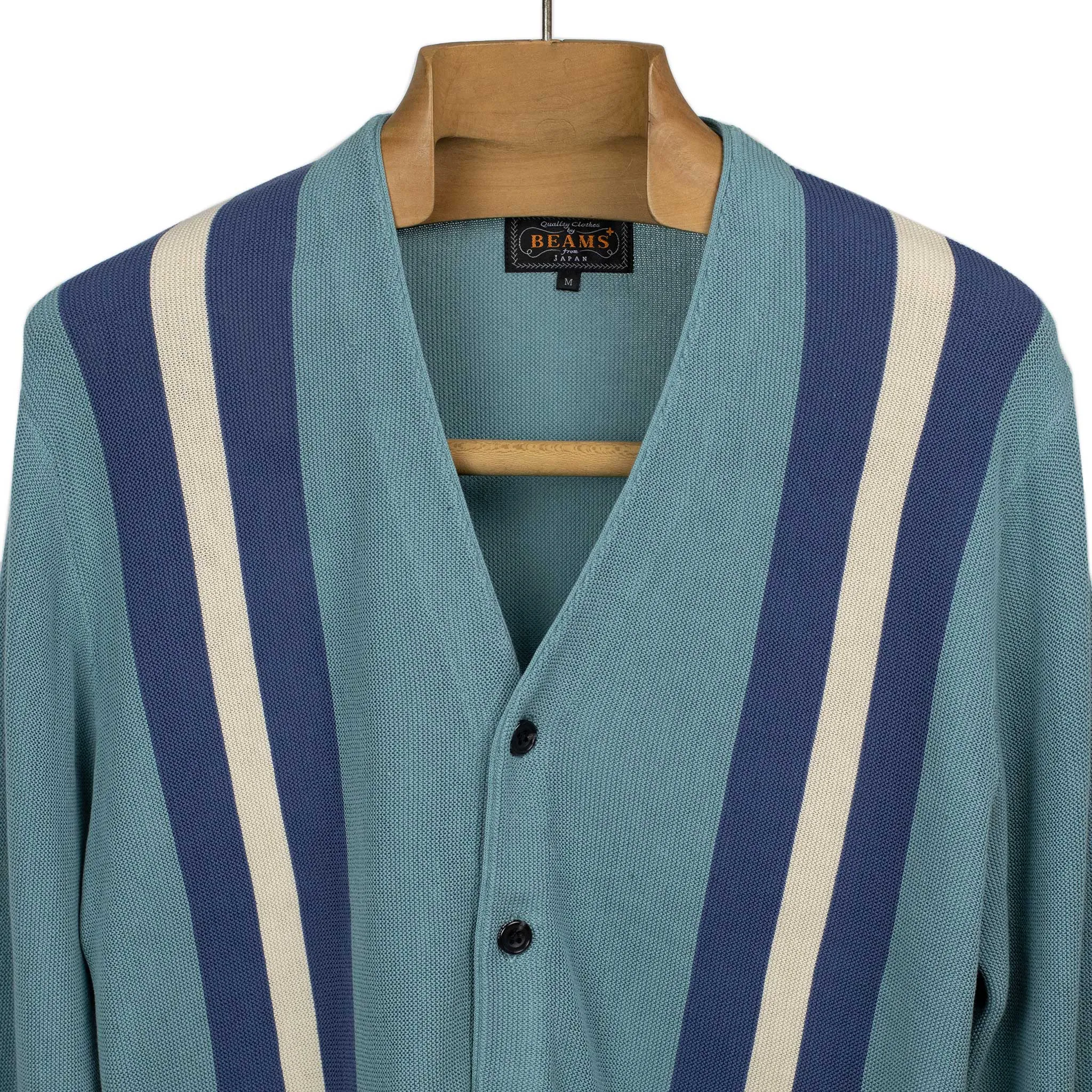 Cardigan in teal cotton with blue racing stripes