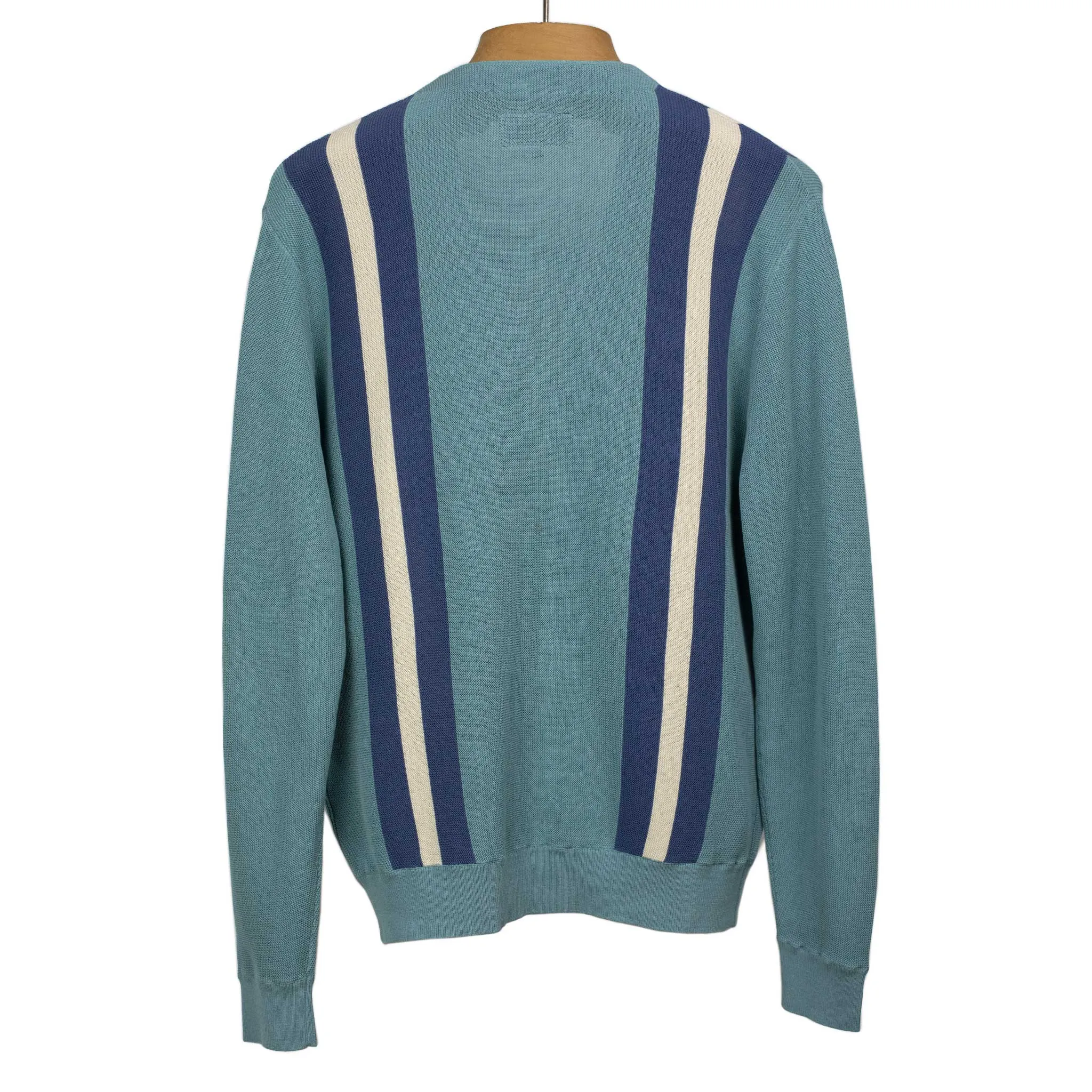 Cardigan in teal cotton with blue racing stripes