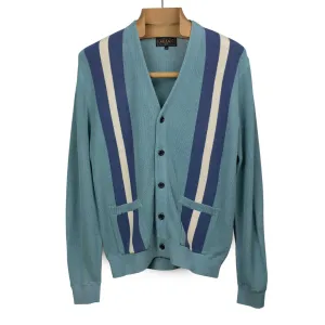 Cardigan in teal cotton with blue racing stripes