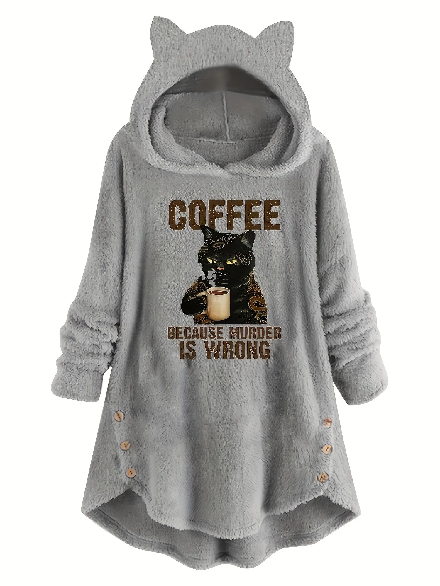 Cat  Slogan Teddy Hoodie Fashionable Womens Sweatshirt