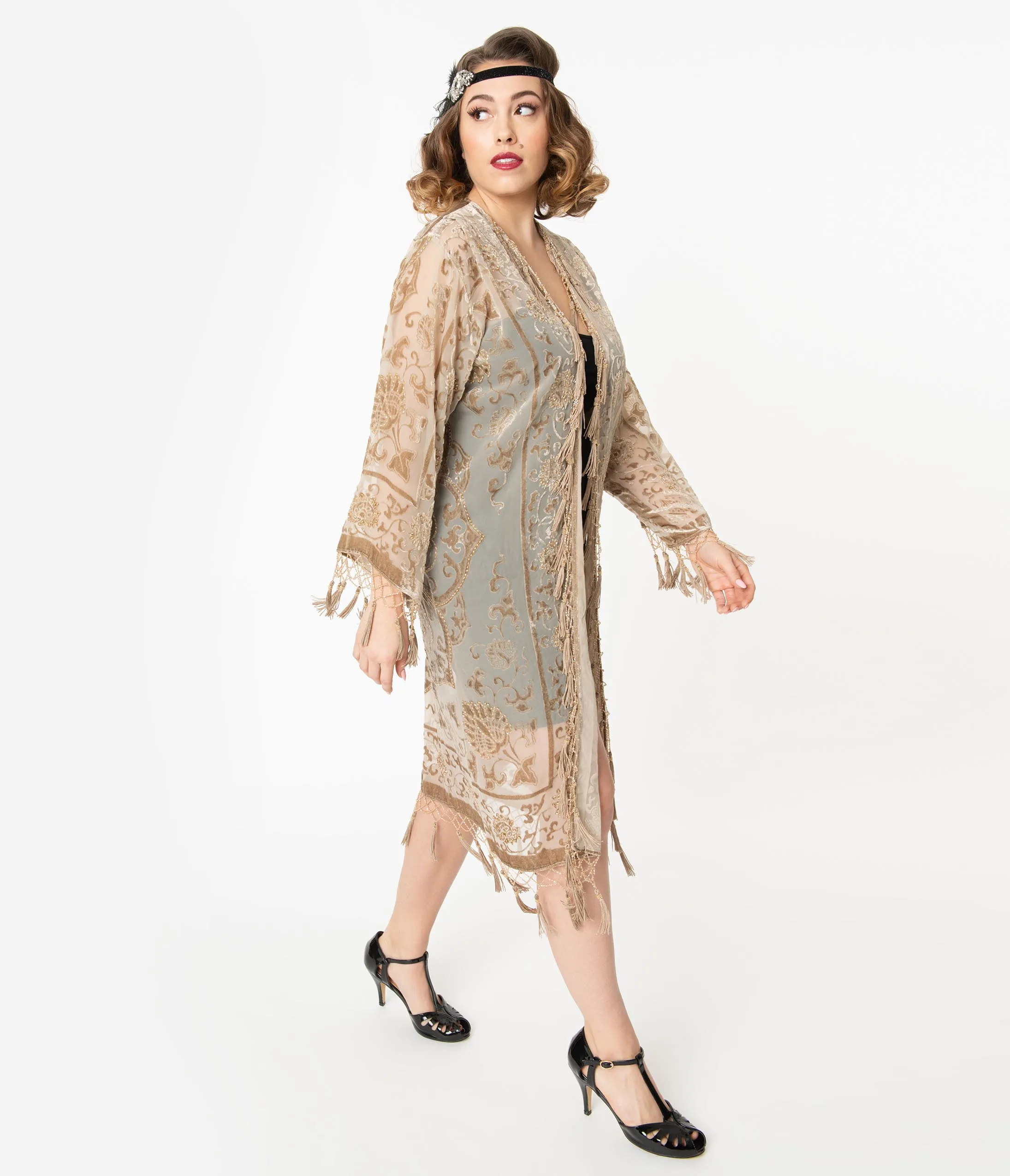 Champagne Medallion Devore Velvet Beaded Flapper Coat