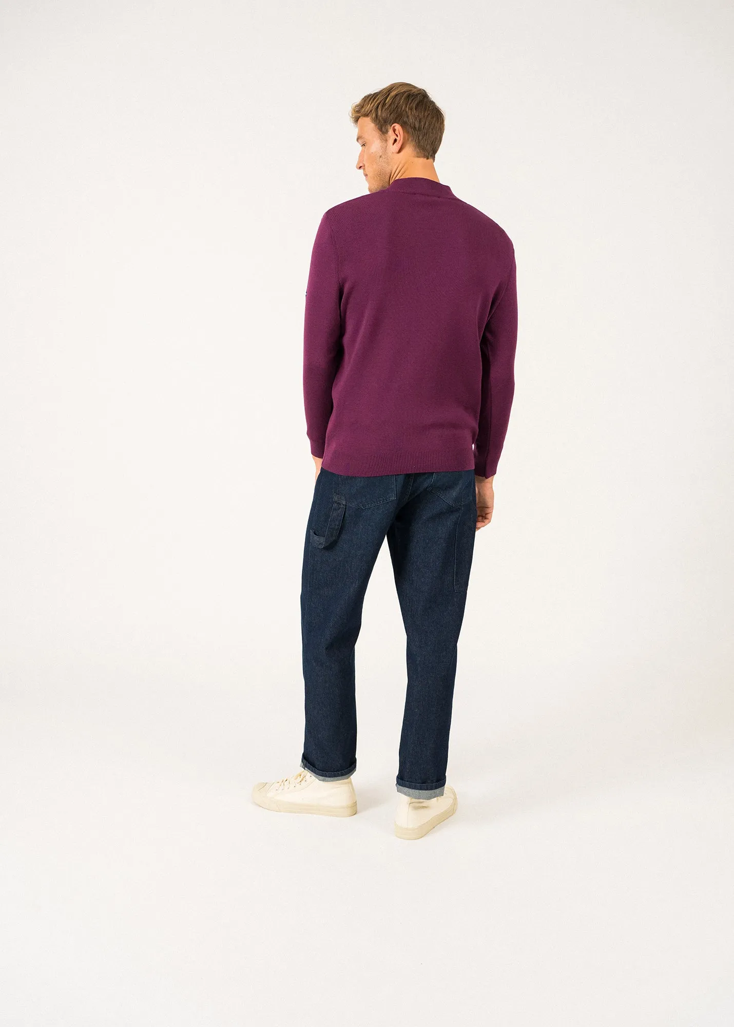 Crossley jumper - with zipped high-neck, in soft wool (PRUNE/NAVY)