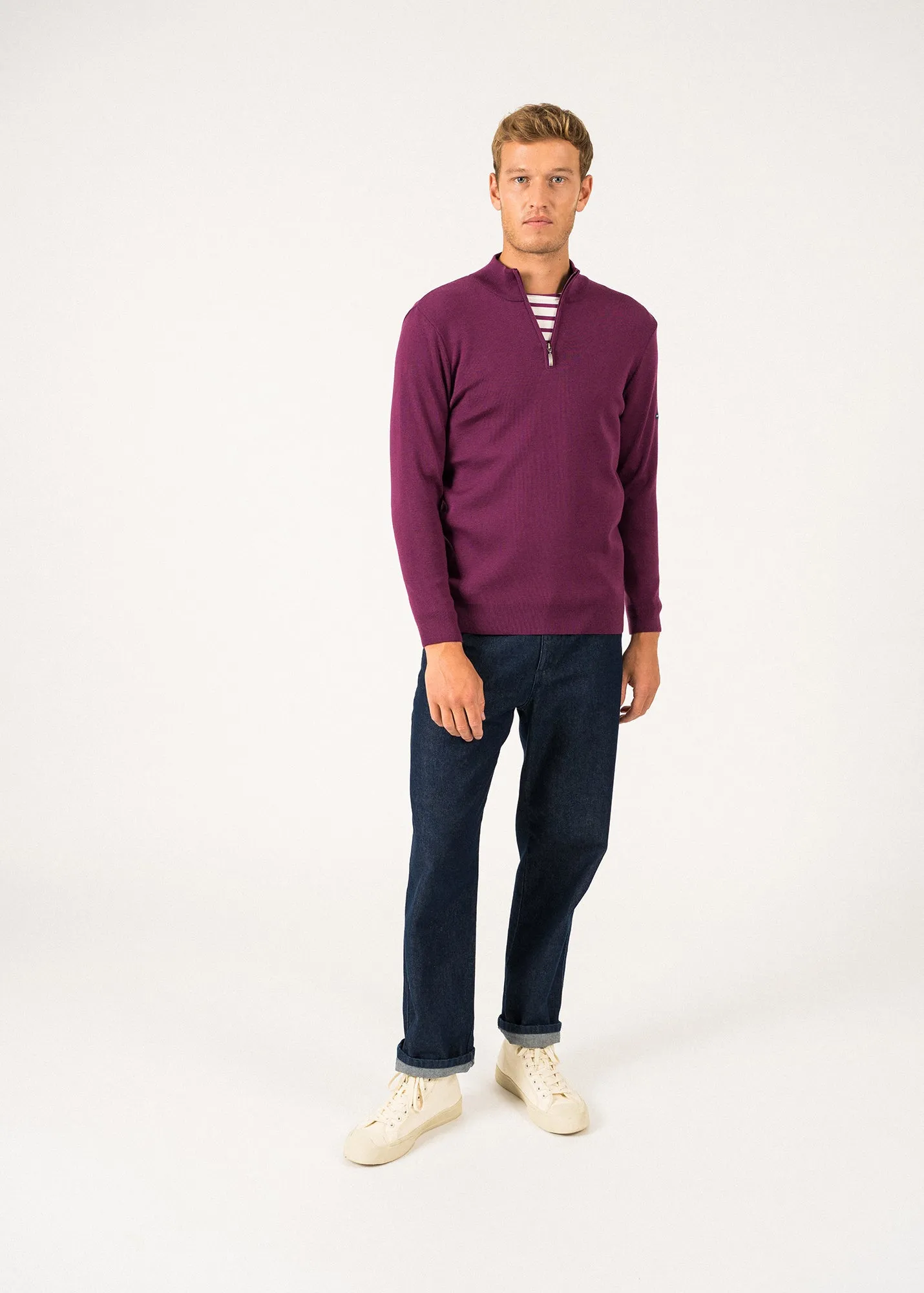 Crossley jumper - with zipped high-neck, in soft wool (PRUNE/NAVY)