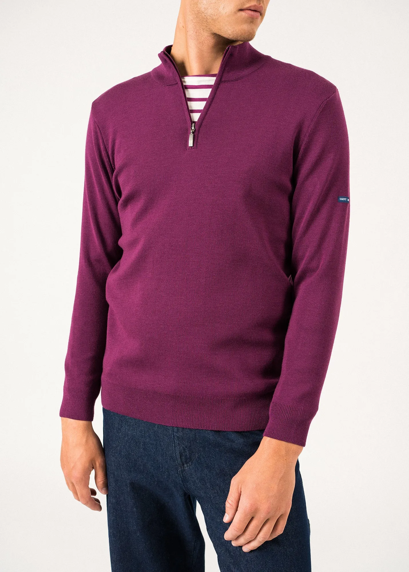 Crossley jumper - with zipped high-neck, in soft wool (PRUNE/NAVY)