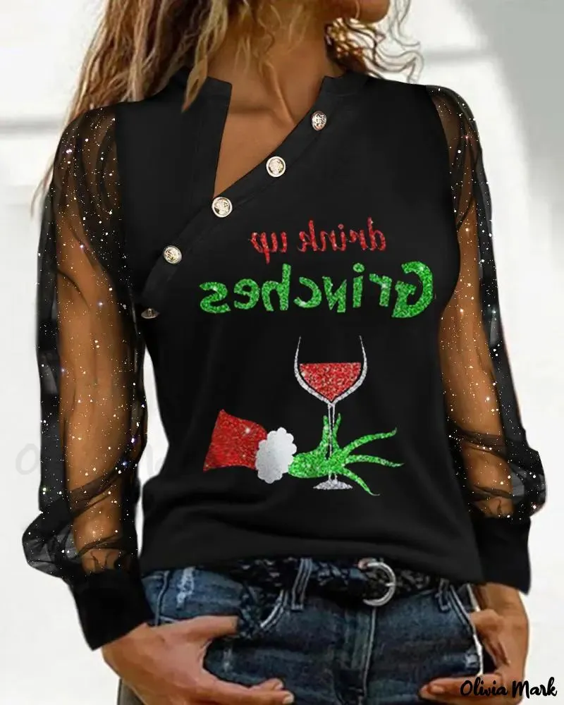 Deanwangkt - Christmas Grinch Print Sparkly Sheer Tulle Long Sleeve Top