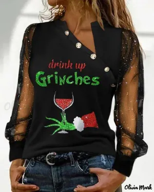 Deanwangkt - Christmas Grinch Print Sparkly Sheer Tulle Long Sleeve Top