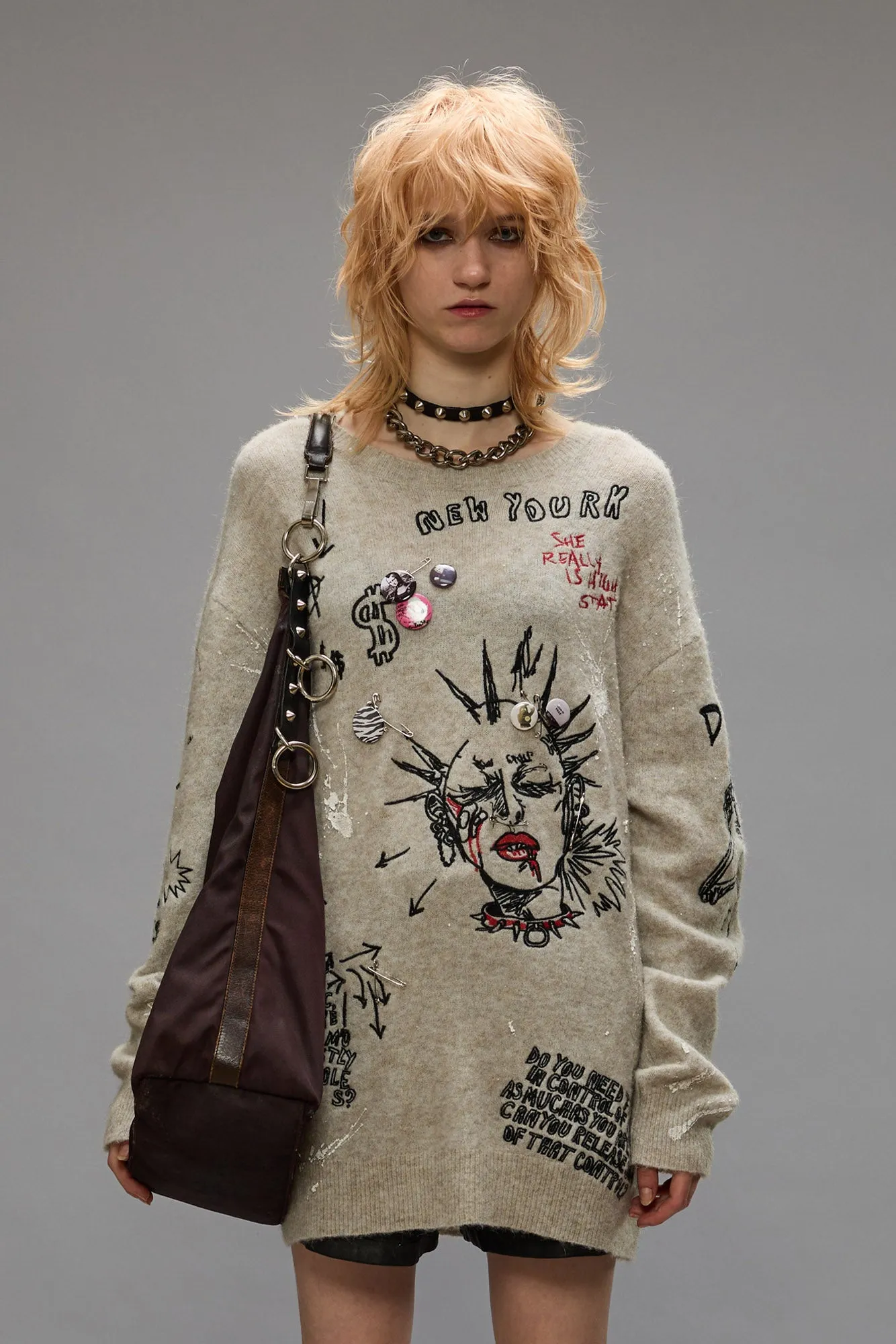 EMBROIDERED BOYFRIEND SWEATER - OATMEAL