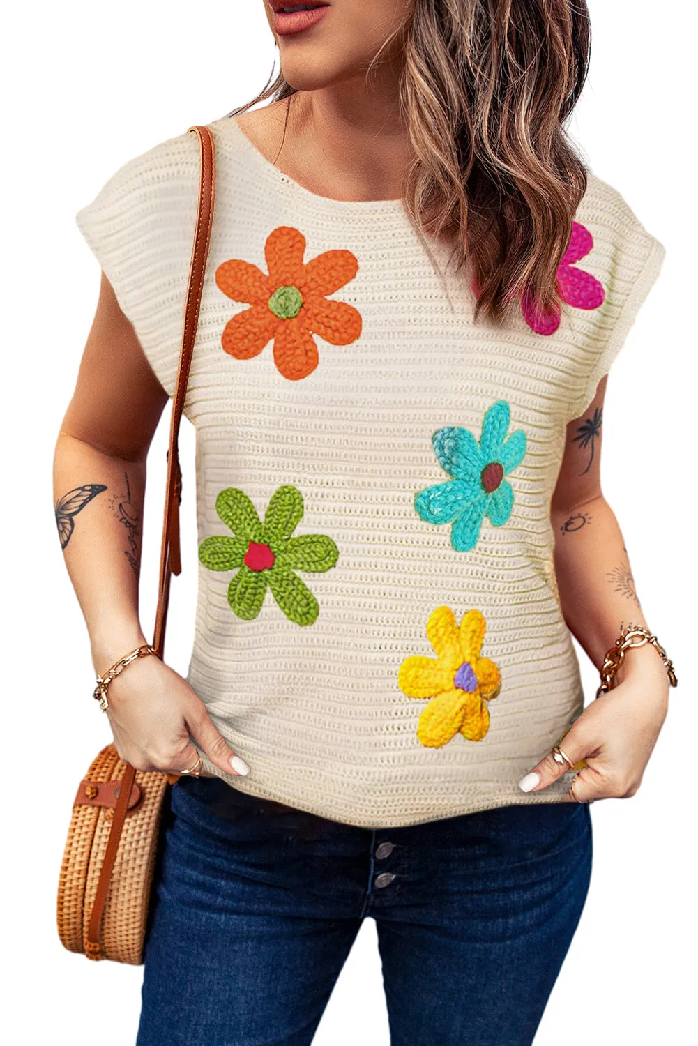 Flower Crochet Round Neck Knitted Top