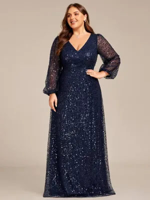 Grande taille Robe de soirée trapèze à paillettes col en V manches longues et paillettes