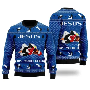 Jesus Has Your Back Jiu Jitsu Ugly Christmas Sweater For Men & Women - Jesus Christ Sweater - Christian Shirts Gifts Idea