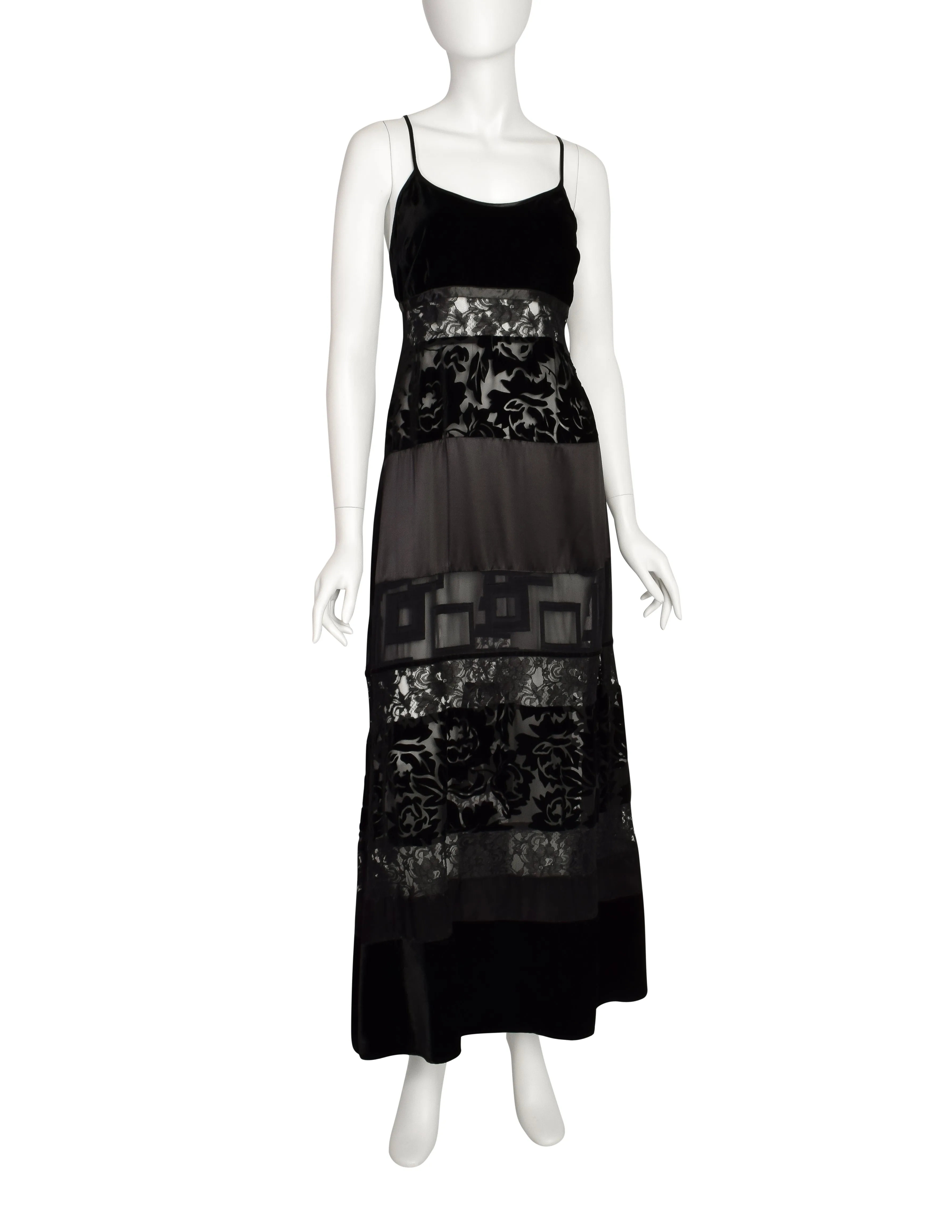 Katharine Hamnett Vintage 1993 Black Lace Satin Velvet Devore Maxi Slip Dress