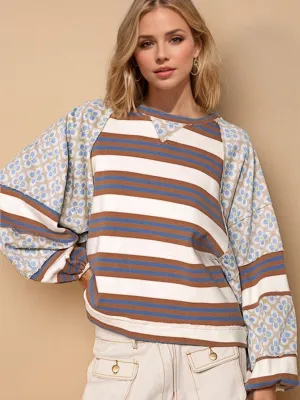 kesley Flower & Striped Print Round Neck Sweatshirt