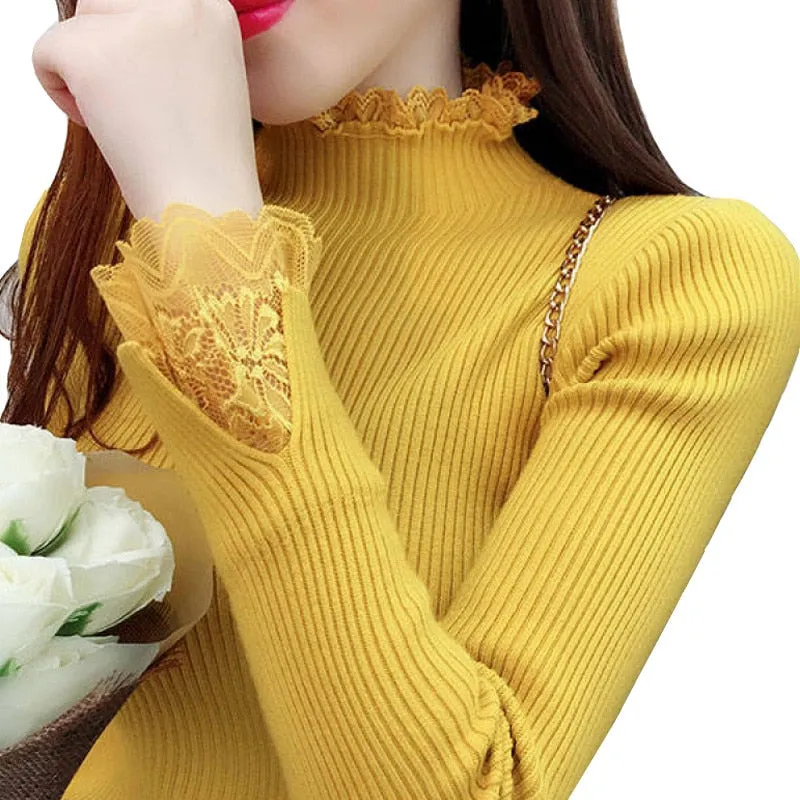 Knitted Long Lace Trim Design Sleeves Soft Turtleneck Sweater For Women