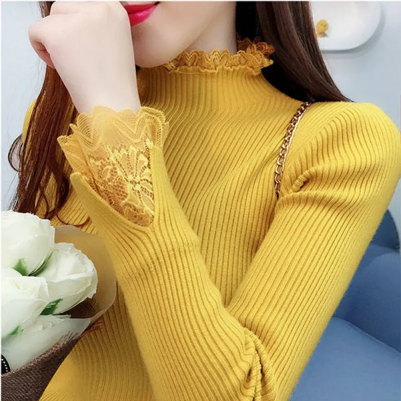 Knitted Long Lace Trim Design Sleeves Soft Turtleneck Sweater For Women