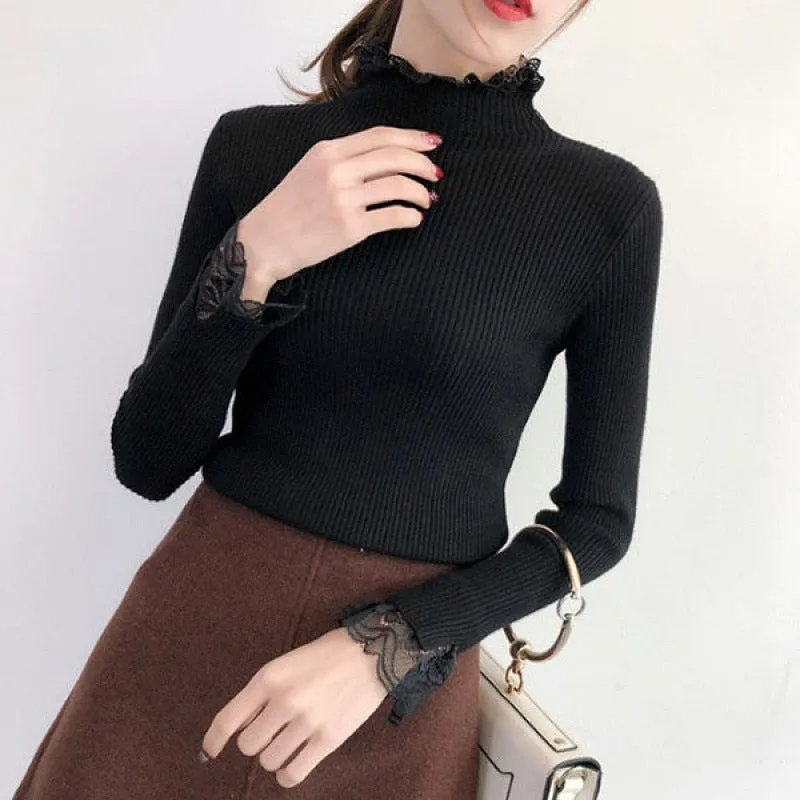 Knitted Long Lace Trim Design Sleeves Soft Turtleneck Sweater For Women