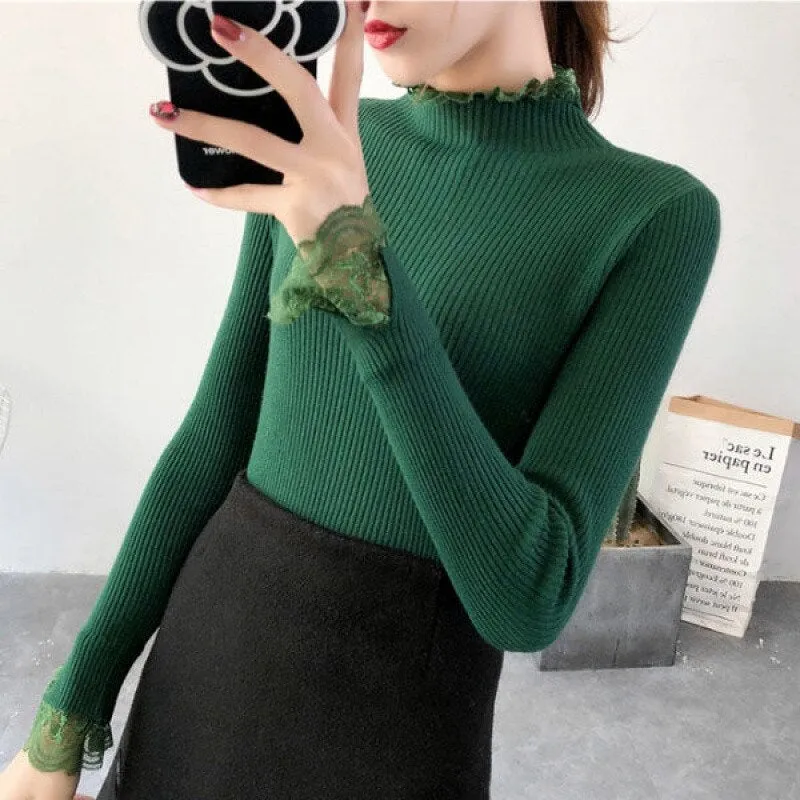 Knitted Long Lace Trim Design Sleeves Soft Turtleneck Sweater For Women