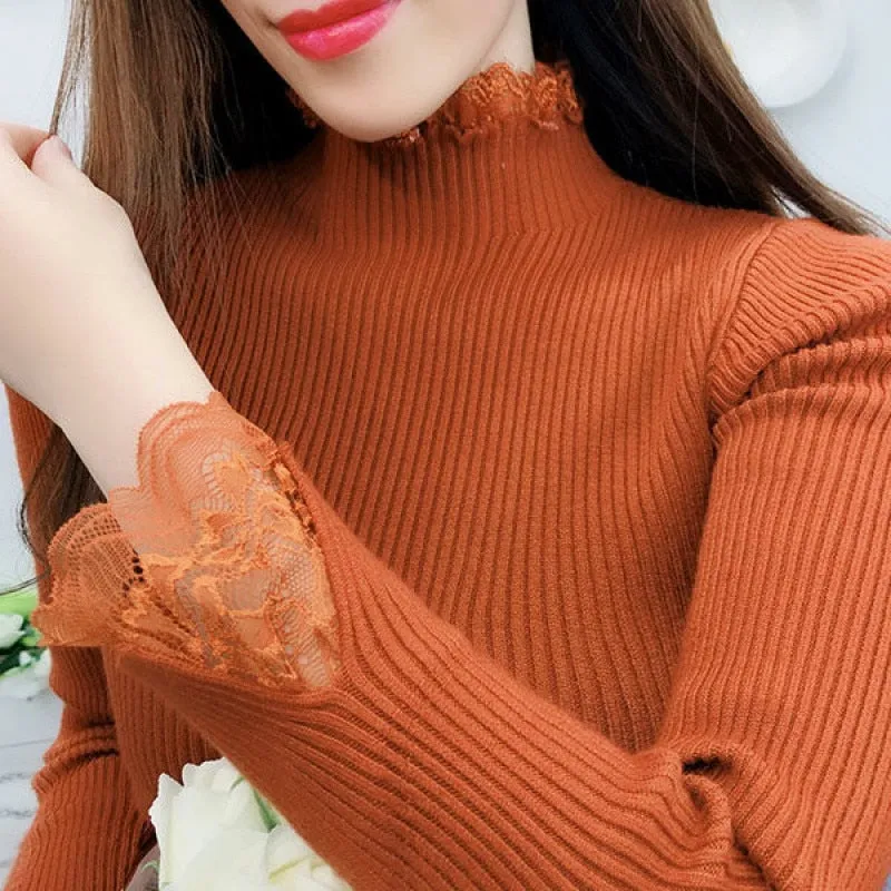 Knitted Long Lace Trim Design Sleeves Soft Turtleneck Sweater For Women