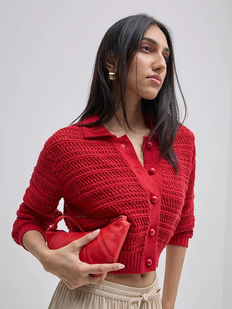 LOV Red Knit Pattern Cardigan