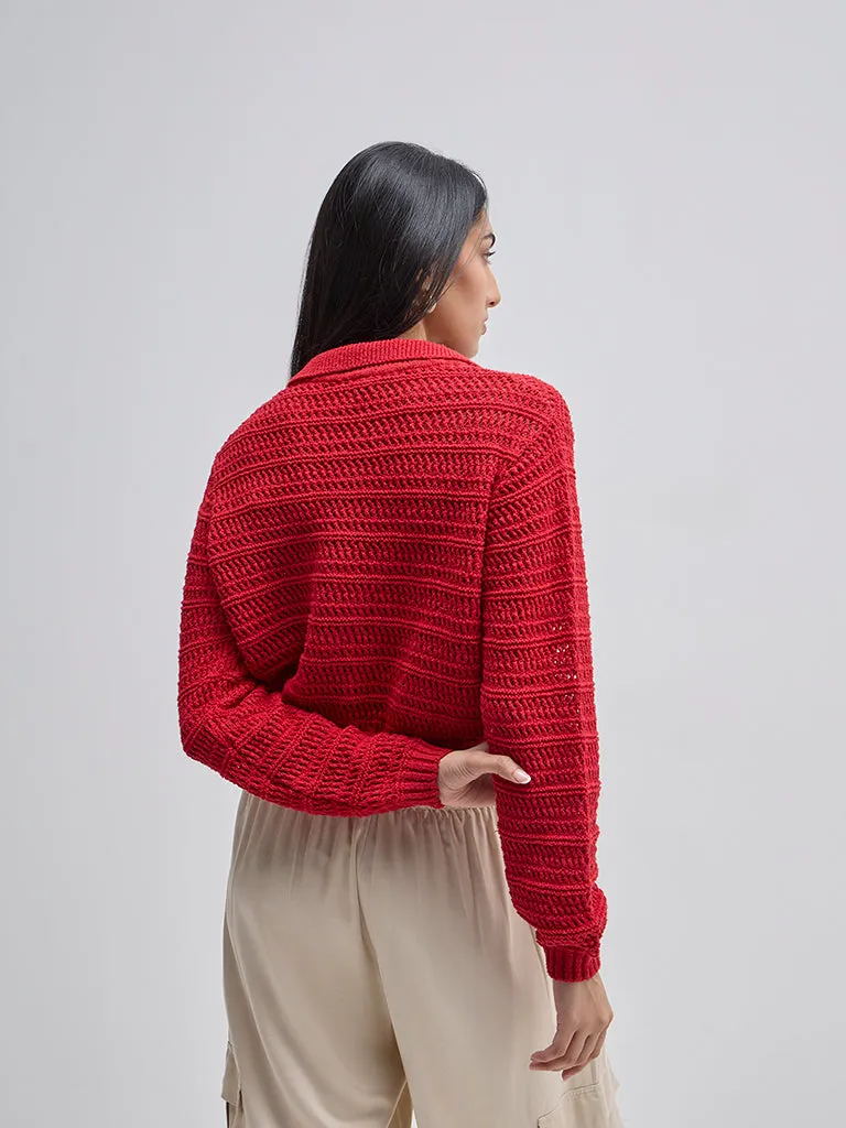 LOV Red Knit Pattern Cardigan