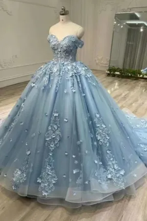 Luxury Blue Strapless Formal Dress Applique Quinceanera Ball Gowns