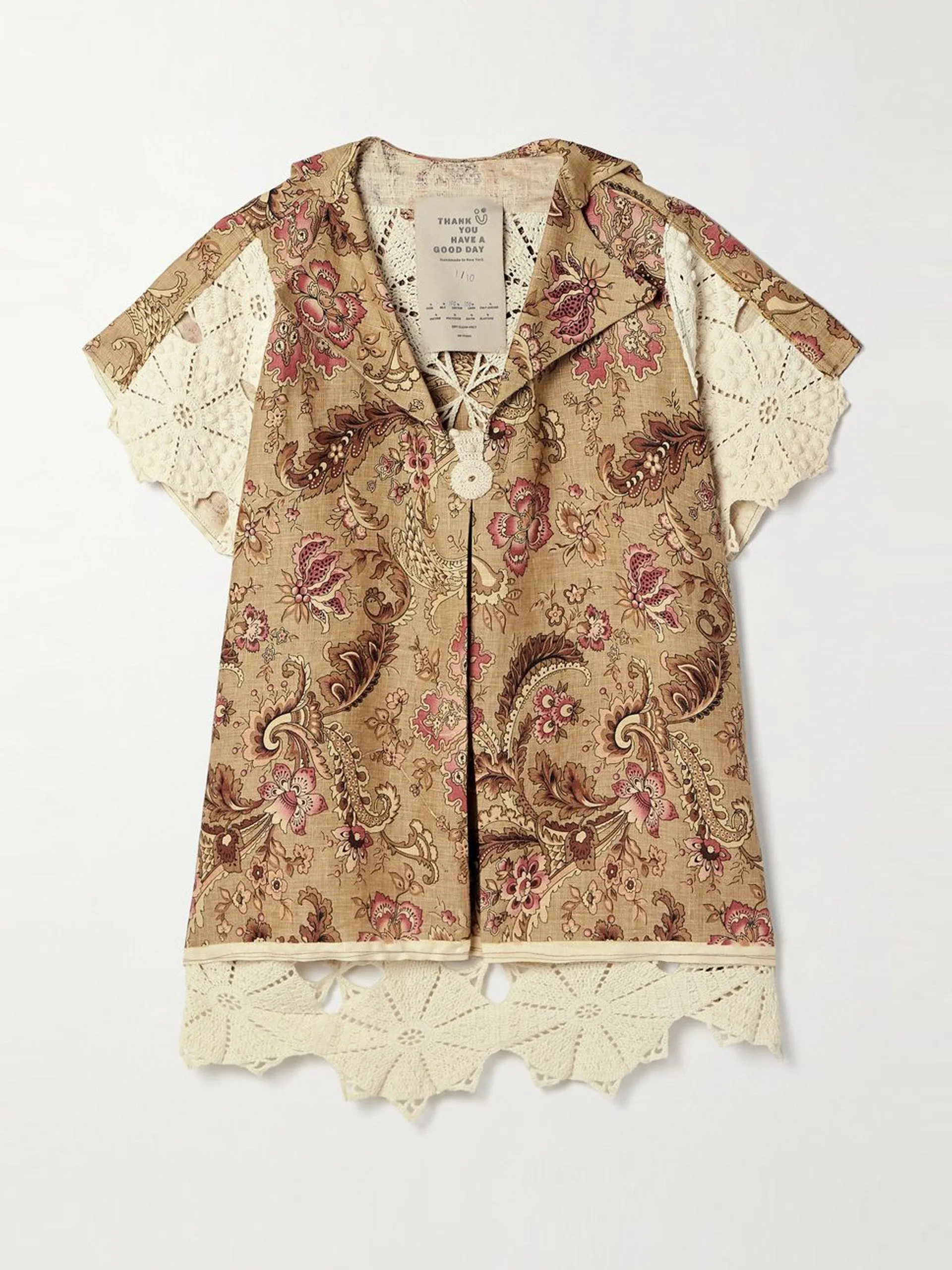 Mariah paneled crocheted cotton and floral-print linen shirt