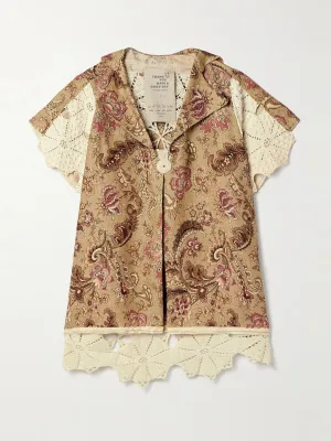 Mariah paneled crocheted cotton and floral-print linen shirt