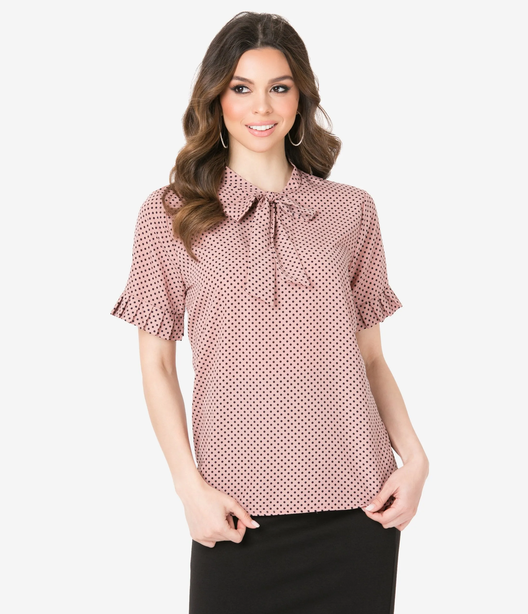 Mauve & Black Polka Dot Neck Tie Blouse