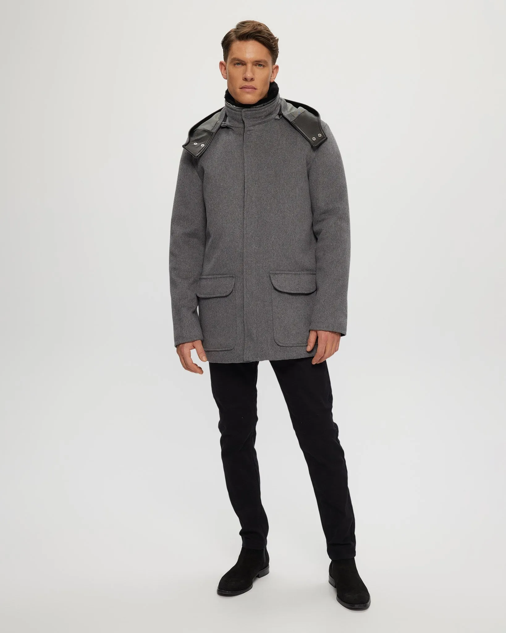 Men's Wool Parka with Detachable Hood and Shearling Lamb Collar