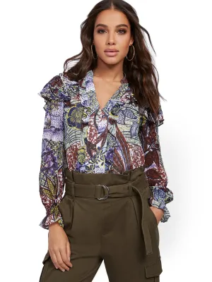 Mixed-Print Ruffle Blouse