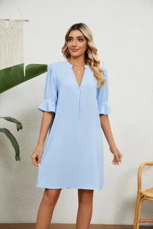 Notched Neck Flounce Sleeve Dress