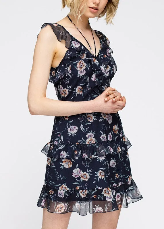 Nurode Wax Flower Mini Ruffled Sleeveless Dress