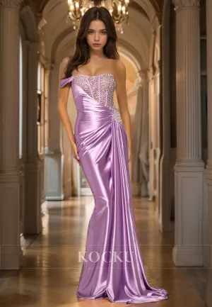 One Shoulder Sheath Sleeveless Train Pleats Satin Prom Dress with Beads Formal Gowns