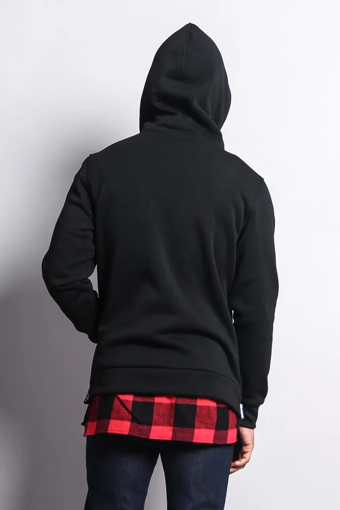 Plaid Flannel Accent Long Length Zip Hoodie