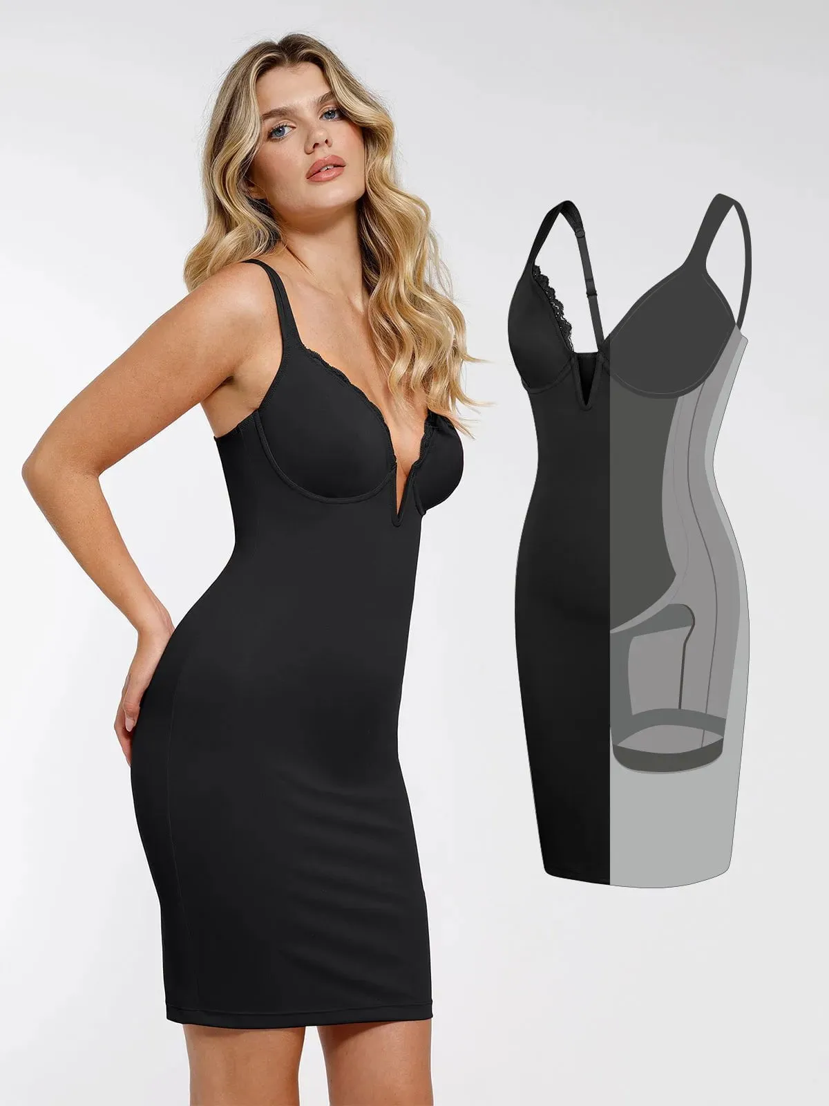 Shapewear Plunging V Lace Trim Bodycon Mini Dress