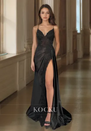 Spaghetti Straps V-Neck Sheath Sleeveless Slit Appliques Satin Prom Dress with Train Evening Gown