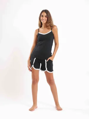 Spaghetti Top & Pom Pom Shorts Pajama Set - Black